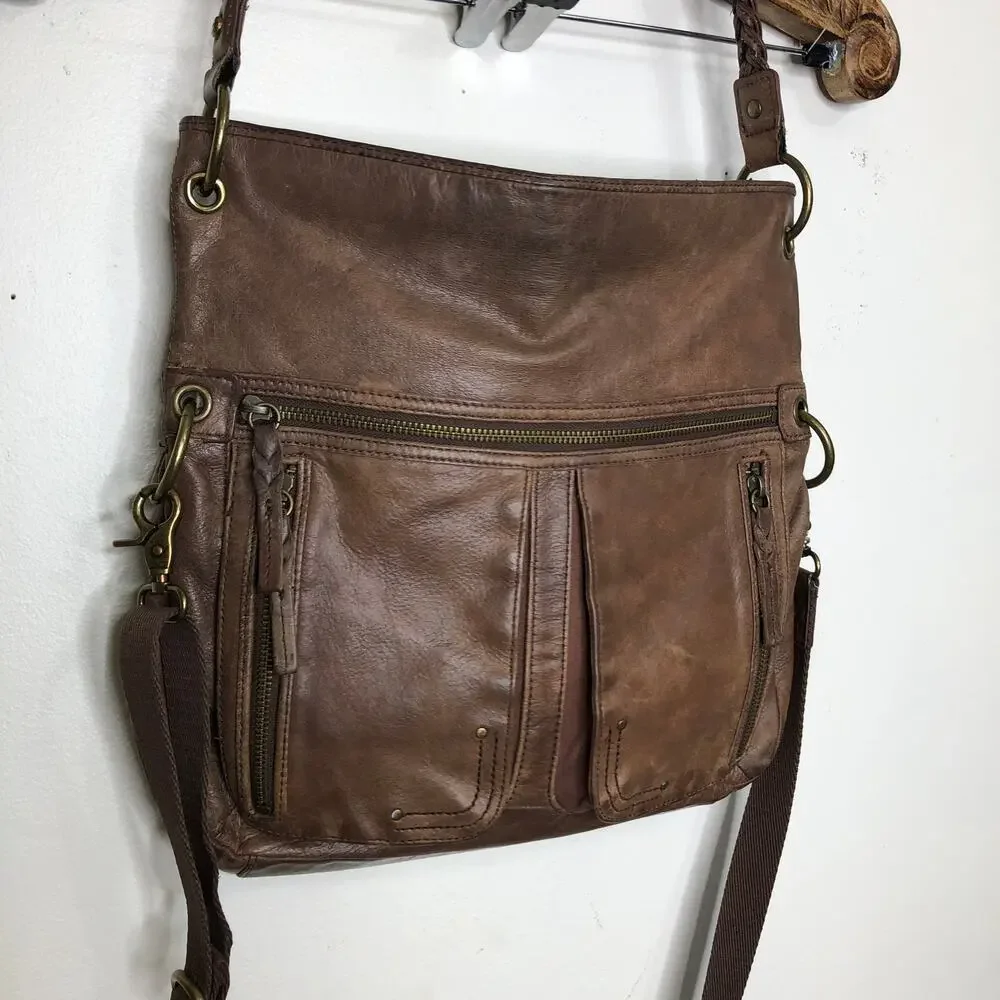 The Sak Purse Leather Satchel Brown Patina Shoulder Crossbody Strap Zip Pockets